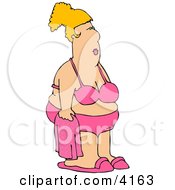 Fat Woman Wearing A Pink Bathing Suit And Holding A Pink Towel Clipart