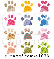 Twelve Colorful Patterned Paw Prints