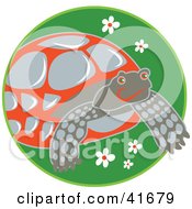 Poster, Art Print Of Gray And Orange Tortoise In Green Grass With Flowers