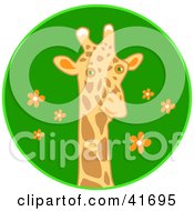 Poster, Art Print Of Curious Giraffe Head Over A Blue Floral Circle
