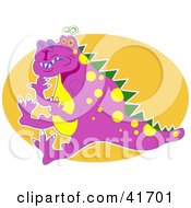 Clipart Illustration Of A Purple Dragon With Yellow Spots Against An Orange Oval by Prawny