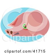 Poster, Art Print Of Green Eyed Pink Pig Face Over Blue