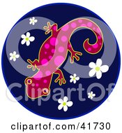 Poster, Art Print Of Red And Pink Spotted Gecko On A Blue Flower Circle