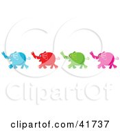 Poster, Art Print Of Four Diverse Blue Red Green And Pink Elephants