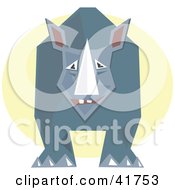 Clipart Illustration Of A Gray Rhino With A Sharp Horn Standing In Front Of A Yellow Circle