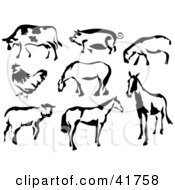 Poster, Art Print Of Black And White Cow Pig Sheep Chicken And Horses In Paintbrush Stroke Style