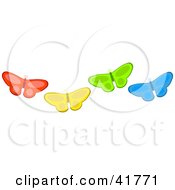 Poster, Art Print Of Four Diverse Red Yellow Green And Blue Butterflies