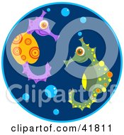 Poster, Art Print Of Pair Of Colorful Seahorses With Bubbles In Blue Water