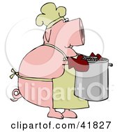 Pink Pig Chef In A Hat And Apron Carrying A Pot Of Beans