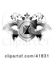 Poster, Art Print Of Shiny Heraldic Shield With An Iron Cross And Feathery Wings And Vines