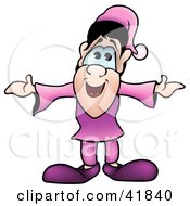 Clipart Illustration Of A Happy Dwarf Dressed In Purple Holding His Arms Out