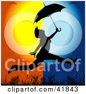 Poster, Art Print Of Black Silhouetted Woman Leaping With An Umbrella From Day Into Night