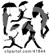 Clipart Illustration Of Five Black Silhouetted Women Jumping And Posing With Umbrellas by dero