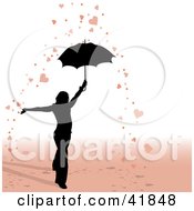 Poster, Art Print Of Black Silhouetted Woman Under An Umbrella In A Shower Of Hearts