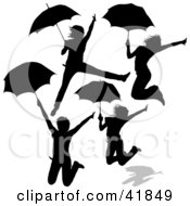 Poster, Art Print Of Four Silhouetted Women Jumping With Umbrellas