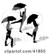 Clipart Illustration Of Three Black Silhouetted Women Dancing With Umbrellas