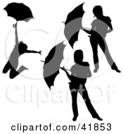 Poster, Art Print Of Three Black Silhouetted Women Posing With Umbrellas