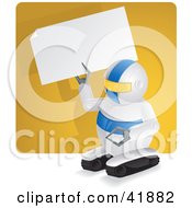 Poster, Art Print Of Compact Robot Holding Up A Blank Sign In Front Of A Yellow Wall