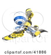Clipart Illustration Of A 3d Blue And White AO Maru Robot Flying With Futuristic Wings