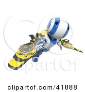 3d Blue And White Ao-Maru Robot Flying With Mechanical Wings