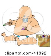 Poster, Art Print Of Chubby Baby Boy In A Diaper Sucking On A Pacifier And Coloring With Crayons