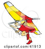 Clipart Illustration Of An Amazed Smiling Hangglider Gliding by Snowy