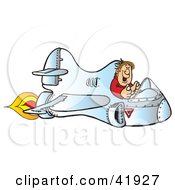 Clipart Illustration Of A Happy Pilot Flying A Fast Flaming Jet by Snowy