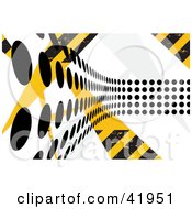Clipart Illustration Of A Background Of Black Dot Paths Going Over Yellow And Black Hazard Stripes by Arena Creative #COLLC41951-0094