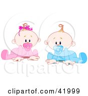 Clipart Illustration Of A Twin Baby Boy And Girl With Pacifiers Trying To Crawl by Pushkin #COLLC41999-0093