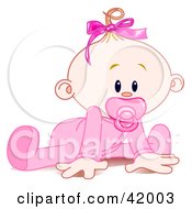 Clipart Illustration Of A Baby Girl In A Sleeper Sucking In A Pacifier And Trying To Crawl by Pushkin