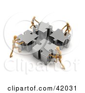 Clipart Illustration Of Four Orange Models Pushing Pieces Of A Puzzle Together by stockillustrations #COLLC42031-0101