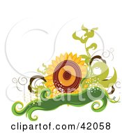 Clipart Illustration Of A Nature Background Of A Big Sunflower With Green Vines And A Banner