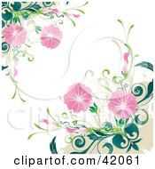 Clipart Illustration Of A Grunge Floral Background Of Blooming Pink Flowers On Green Plants Over White by L2studio #COLLC42061-0097