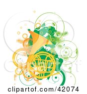 Clipart Illustration of a Grunge French Horn Background With Green And Orange Circles And Dots by L2studio #COLLC42074-0097