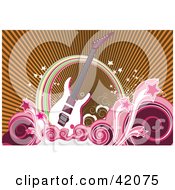 Clipart Illustration of a White Guitar With A Wave Of Swirls And Pink Stars Under A Rainbow by L2studio #COLLC42075-0097