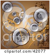 Poster, Art Print Of Brown Grunge Music Background Of Silver Speakers Circles And Music Notes