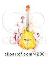 Clipart Illustration Of A Grunge Yellow Guitar With Pink Vines And Flowers by L2studio #COLLC42081-0097