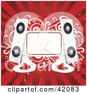 Poster, Art Print Of Red And White Grunge Music Background Of Modern Speakers A Blank Text Box And Vines