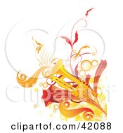Clipart Illustration Of A Grungy Trumpet Background With Orange And Red Dots Stars Vines And Circles by L2studio #COLLC42088-0097