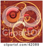Poster, Art Print Of Red And Orange Grunge Music Background Of Speakers Waves And Music Notes