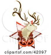 Poster, Art Print Of Christmas Background Of A Reindeer Head On A Star With Bells