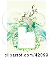 Green And Blue Christmas Background Of A Reindeer Or Buck Head On A Star With Bells And A Text Box