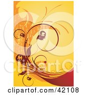 Clipart Illustration Of A Grunge Floral Background Of A Red Curly Vine On Orange