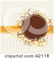 Clipart Illustration Of A Grunge Brown Circle Bordered In Orange Vines Splatters And A Bar