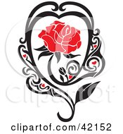 Clipart Illustration Of A Blooming Red Rose In A Black Vine With Hearts by Cherie Reve #COLLC42152-0099