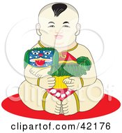 Clipart Illustration Of A Chinese Boy Sitting And Holding A Dog Toy by Cherie Reve