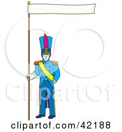 Poster, Art Print Of Male Soldier In Blue Holding Up A Banner