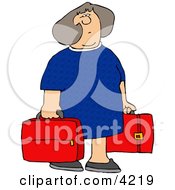 Woman Carrying Two Red Suitcases