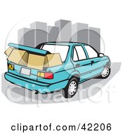Poster, Art Print Of Blue Car With Moving Boxes Packed In The Trunk Near City Skyscrapers