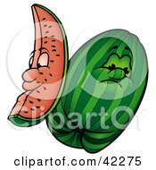 Clipart Illustration Of A Happy Slice By A Whole Grumpy Watermelon